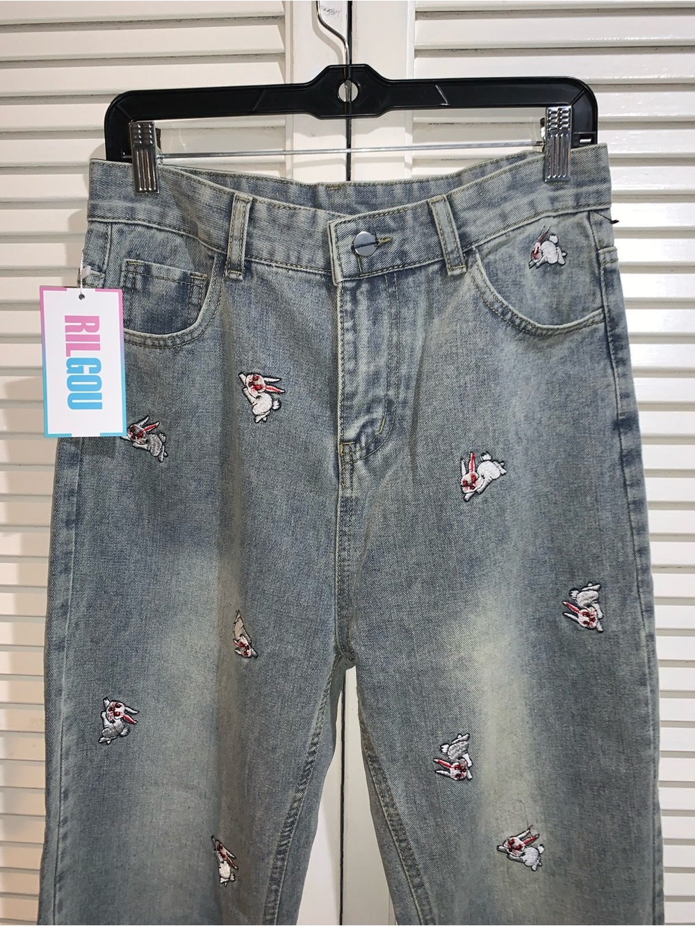 RILGOU Harajuku Y2K Kawaii Rabbit Embroidered Straight Wide Leg jeans